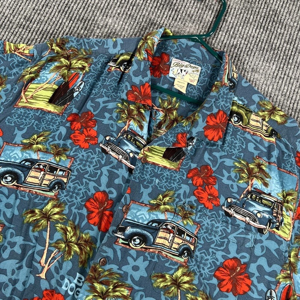 Big Dogs Shirt Mens 2XL XXL Blue Tropical Surf Cars Short Sleeve Hawaiian Button